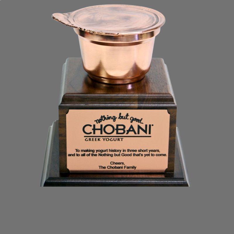 Chobani yogurt cup bronze plated into unique corporate award