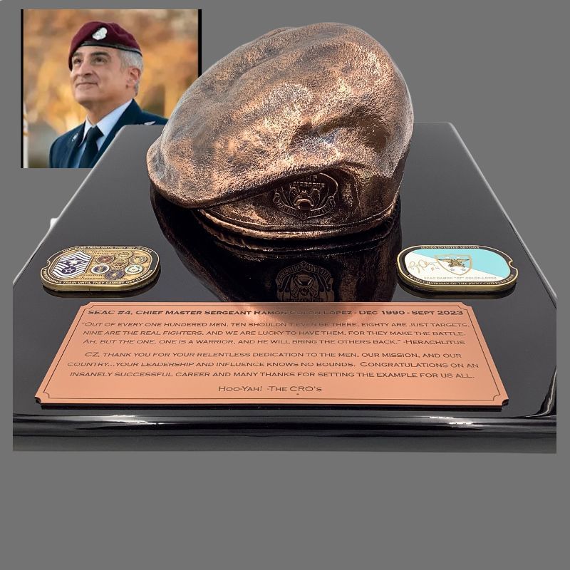 military beret bronzed into a retirement gift